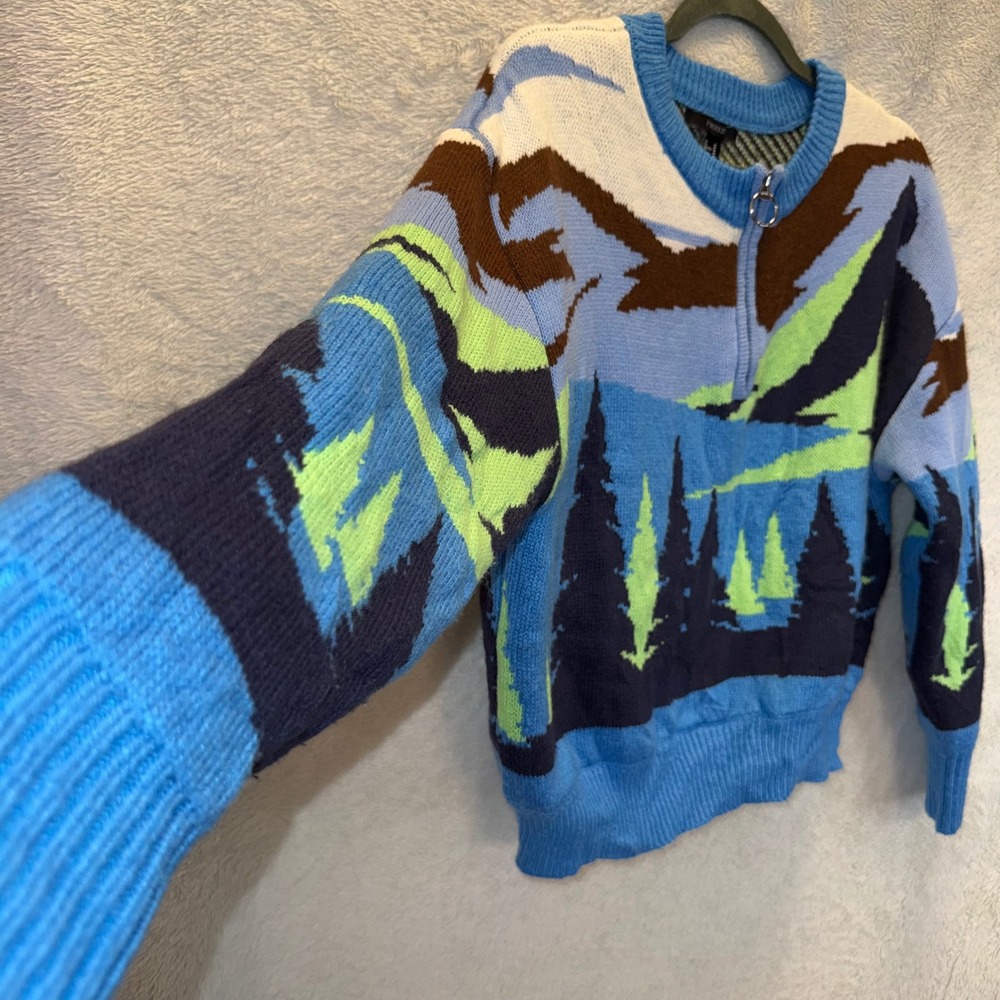 Forever 21 Womens Landscape Mountain Intarsia Knit Quarter Zip Sweater M Vintage